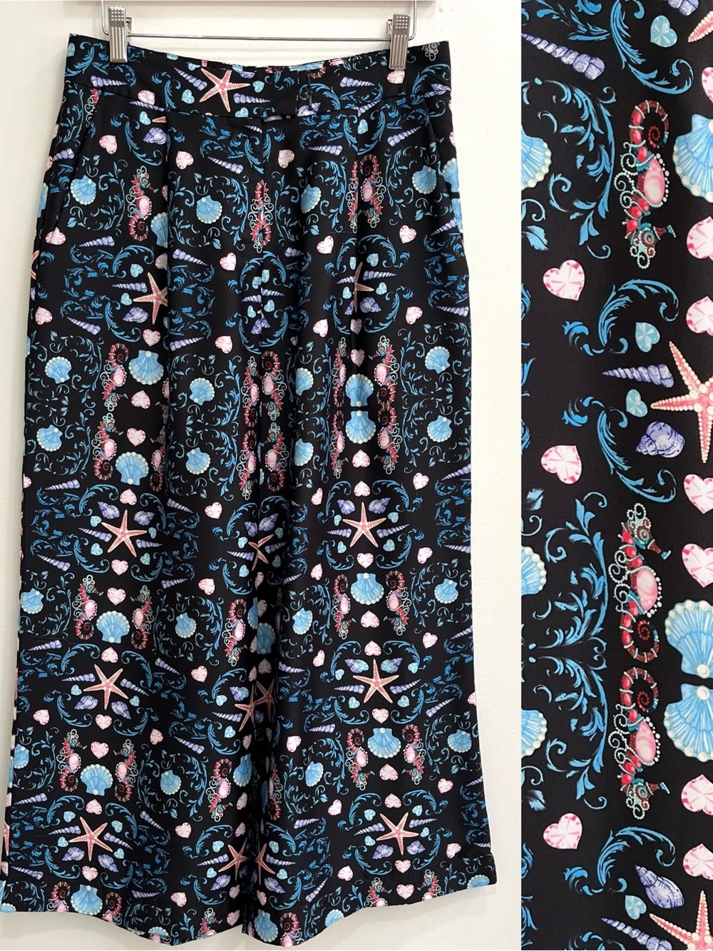 Manoush seashell seahorse print wide leg pants summer beach black blue pink 6